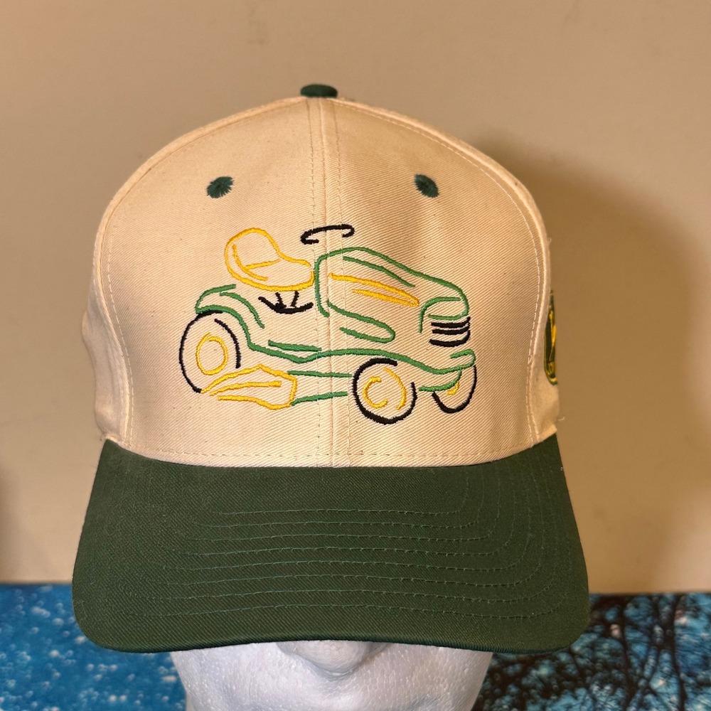 Vintage John Deere Hat Lawn Mower Embroidered Snapback Cream Green Nothing Runs